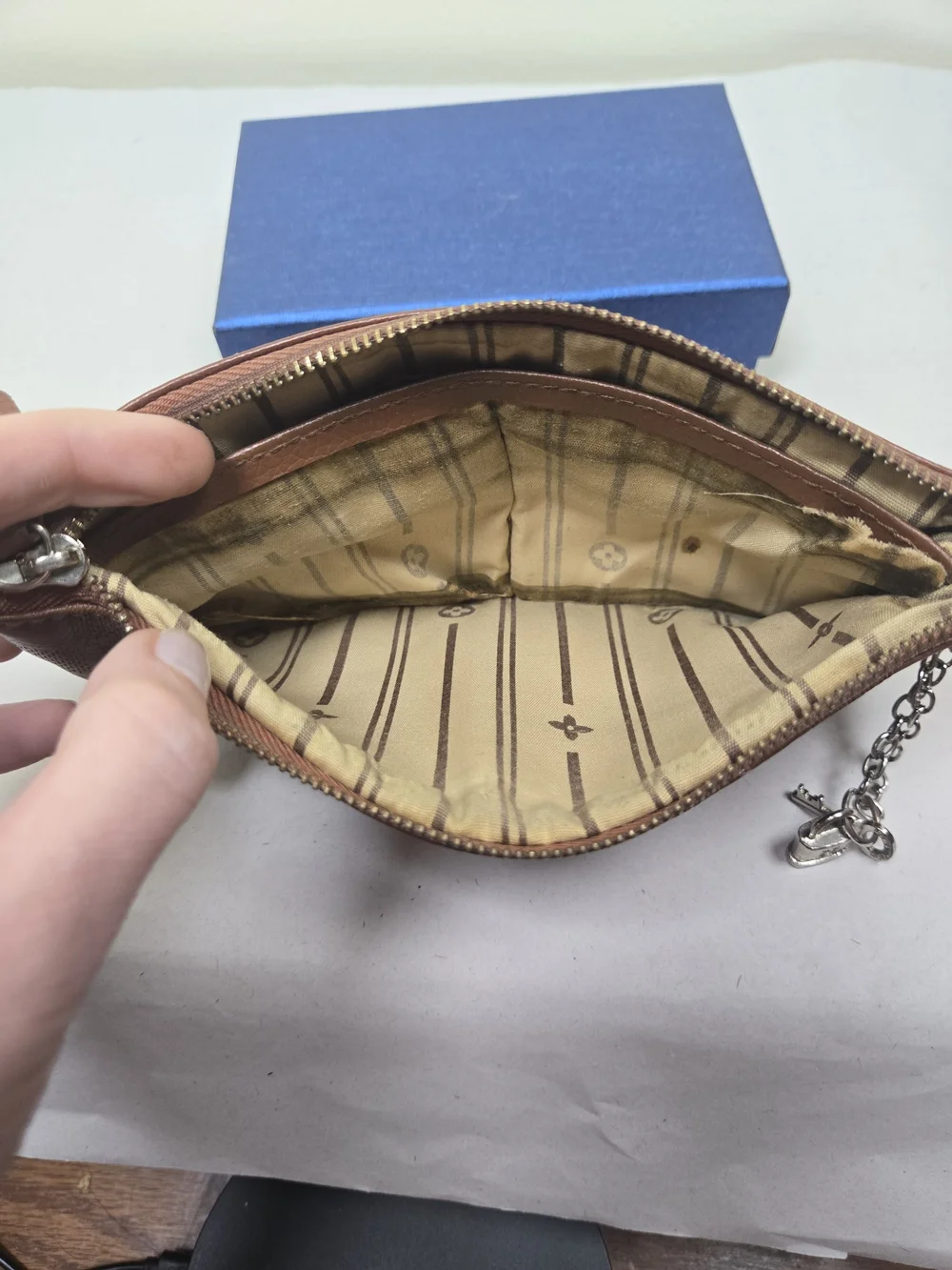 Vintage Louis Vuitton Brown Leather Zip Pouch with Chain Charm - Needs TLC